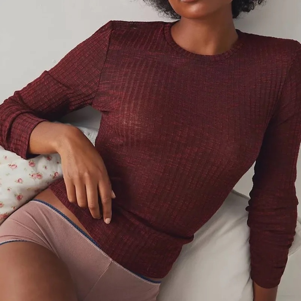Intimately Free People Aura Burgundy Ribbed Knit Long Sleeve Layering Top
